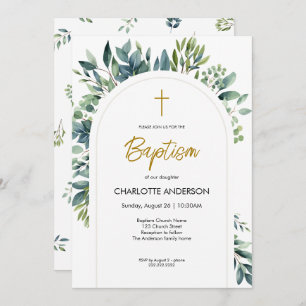 Elegant Arch Greenery Floral Foliage Baptism Invitation