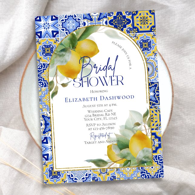 Elegant Arch Italian Blue Tile Lemon Bridal Shower Invitation (Creator Uploaded)