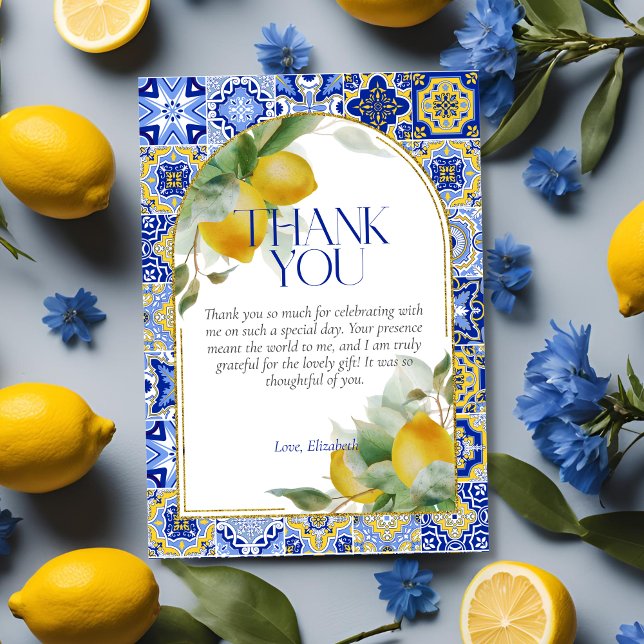 Elegant Arch Italian Blue Tile Lemon Bridal Shower Thank You Card (Creator Uploaded)