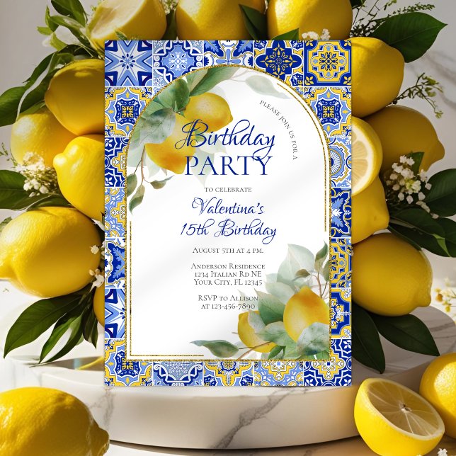 Elegant Arch Italian Blue Tiles Lemons Birthday Invitation (Creator Uploaded)