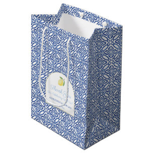 Elegant Arch Lemons Blue Tiles Wedding Welcome Medium Gift Bag