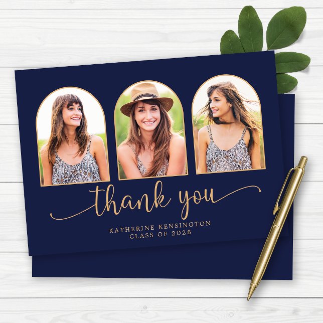 Elegant Arch Navy Blue Gold 3 Photo Graduation Thank You Card (Elegant Arch Navy Blue Gold 3 Photo Graduation Thank You Card)
