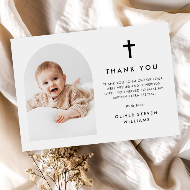 Elegant Arch Photo Baptism Thank You Card (Creator Uploaded)