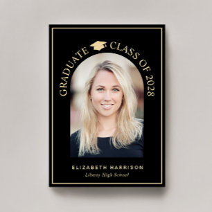 Elegant Arch Photo Black Gold Graduation Announcement