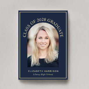 Elegant Arch Photo Blue Gold Graduation Announcement