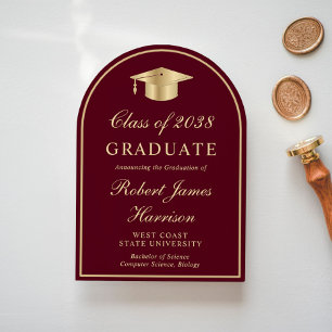 Elegant Arch Photo Burgundy Gold Graduation Party Invitation