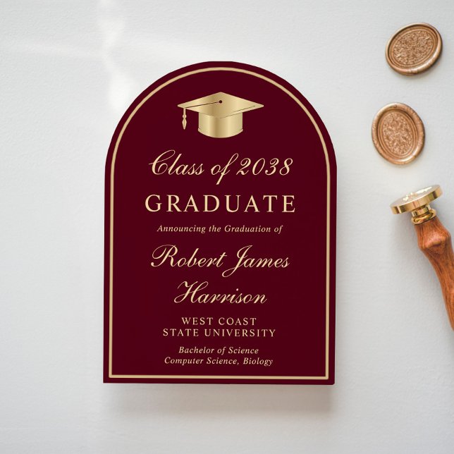 Elegant Arch Photo Burgundy Gold Graduation Party Invitation (Share the pride and excitement of your graduate's achievement with friends and family near and far)