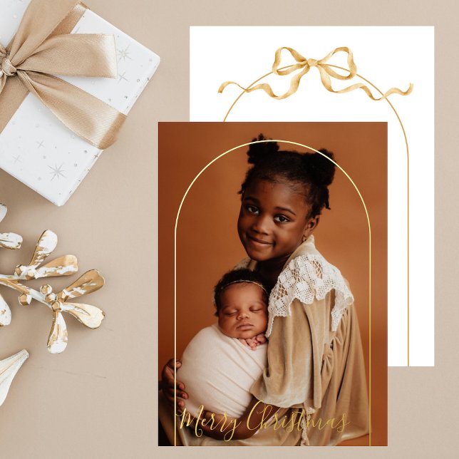 Elegant Arch Photo Chic Script Merry Christmas  Foil Holiday Card (Creator Uploaded)