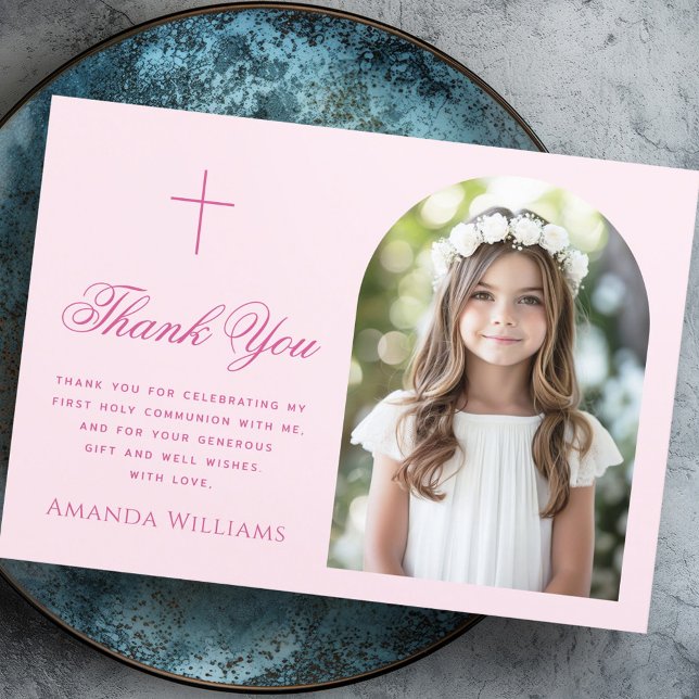 Elegant arch photo cross pink First Holy Communion Thank You Card (Elegant arch photo cross pink First Holy Communion Thank You Card)
