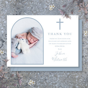 Elegant Arch Photo Dusty Blue Baptism Thank You Card