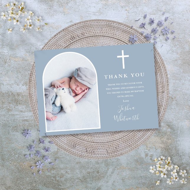 Elegant Arch Photo Dusty Blue Baptism Thank You Card (Elegant Arch Photo Dusty Blue Baptism Thank You Card)