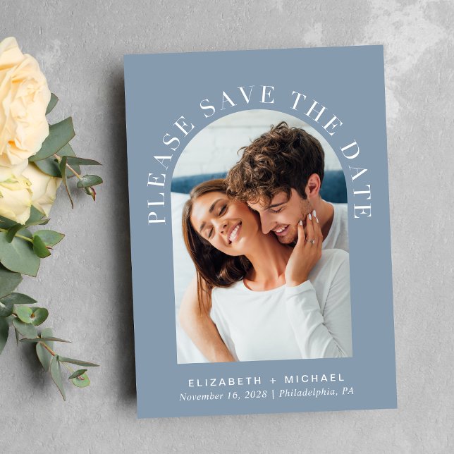 Elegant Arch Photo Dusty Blue Save The Date (Celebrate your love story with a save the date showcasing your photo in an elegant arch frame)