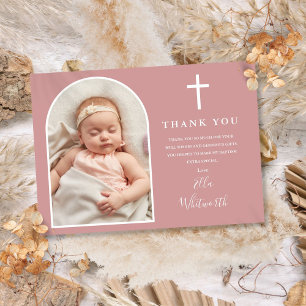 Elegant Arch Photo Dusty Rose Pink Baptism Thank You Card