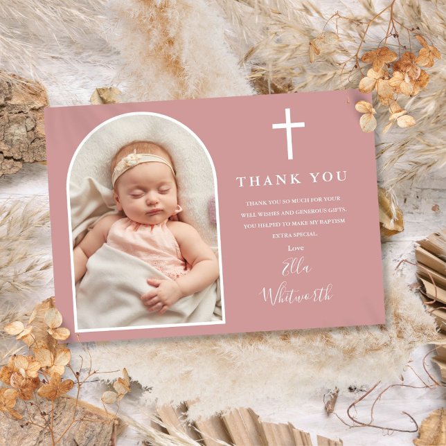Elegant Arch Photo Dusty Rose Pink Baptism Thank You Card (Elegant Arch Photo Dusty Rose Pink Baptism Thank You Card)