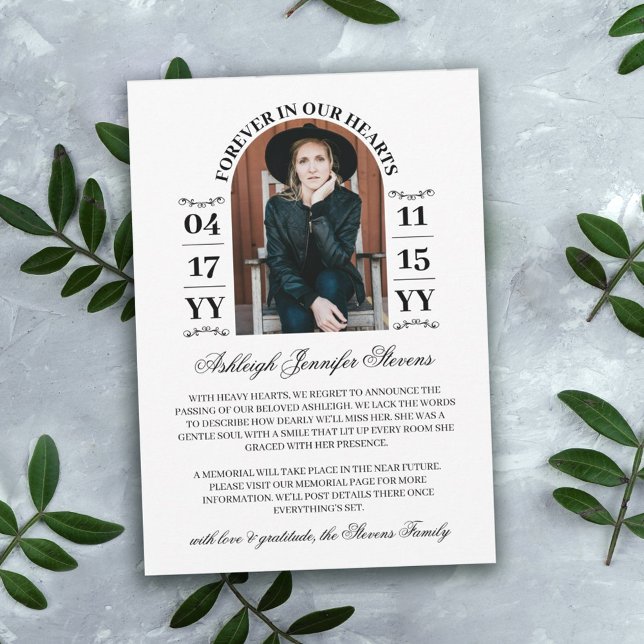 Elegant Arch Photo Forever In Our Hearts Death Announcement (Creator Uploaded)