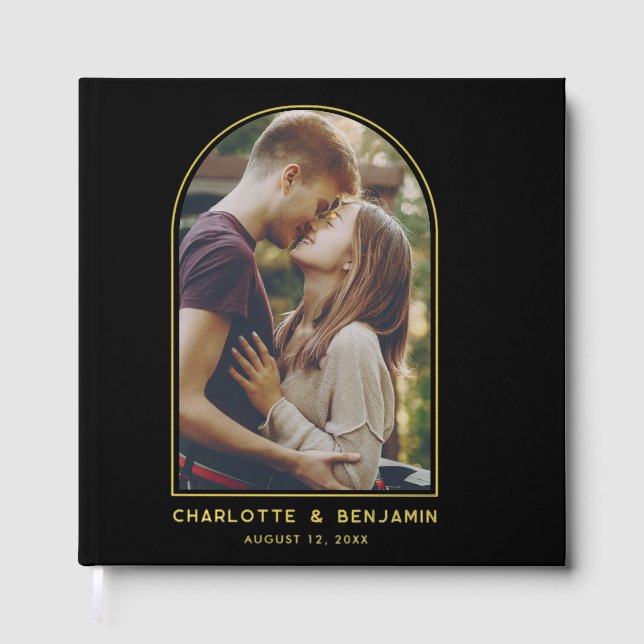 Elegant Arch Photo Gold Foil Typography Wedding Guest Book (Front)