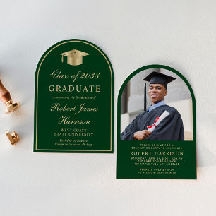 Elegant Arch Photo Green Gold Graduation Party Invitation