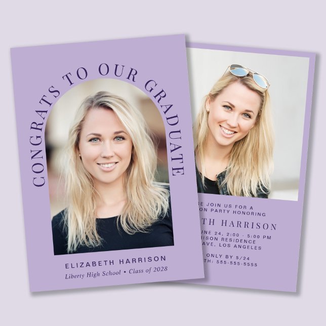 Elegant Arch Photo Lavender Graduation Party Invitation (An elegant arch photo graduation party invitation to celebrate the graduate's achievements)