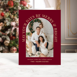 Elegant Arch Photo Merry Bright Burgundy Christmas Card