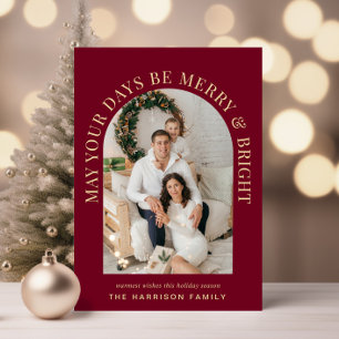 Elegant Arch Photo Merry Bright Burgundy Christmas Holiday Card
