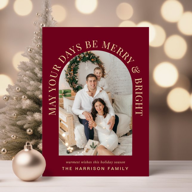 Elegant Arch Photo Merry Bright Burgundy Christmas Holiday Card (Share the love and warmth of the season with an elegant arch photo Christmas card)