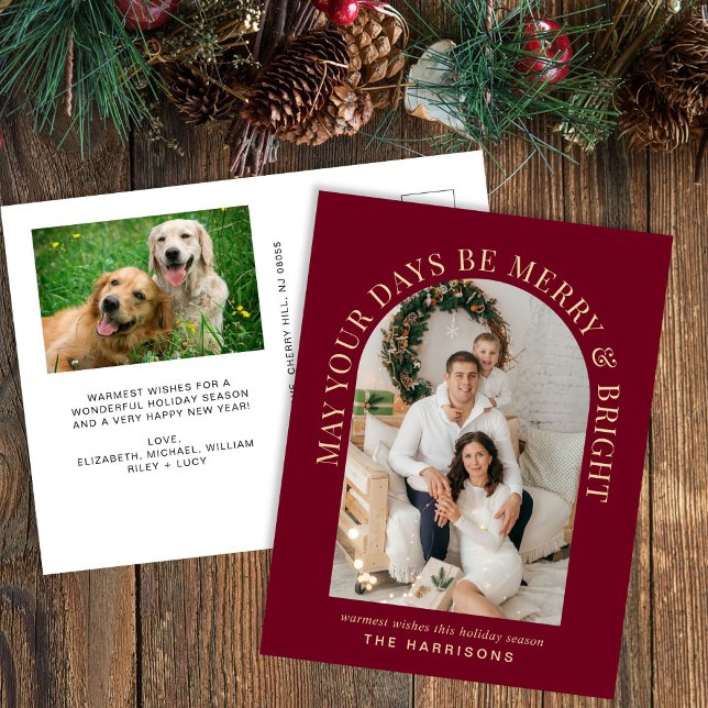 Elegant Arch Photo Merry Bright Burgundy Christmas Holiday Postcard (Creator Uploaded)