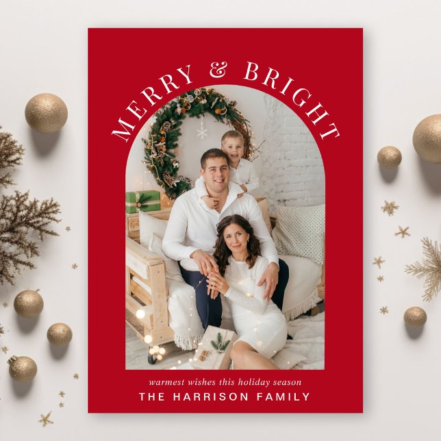 Elegant Arch Photo Merry Bright Red Christmas Holiday Card (Creator Uploaded)
