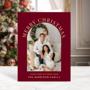 Elegant Arch Photo Merry Christmas Burgundy Holiday Card
