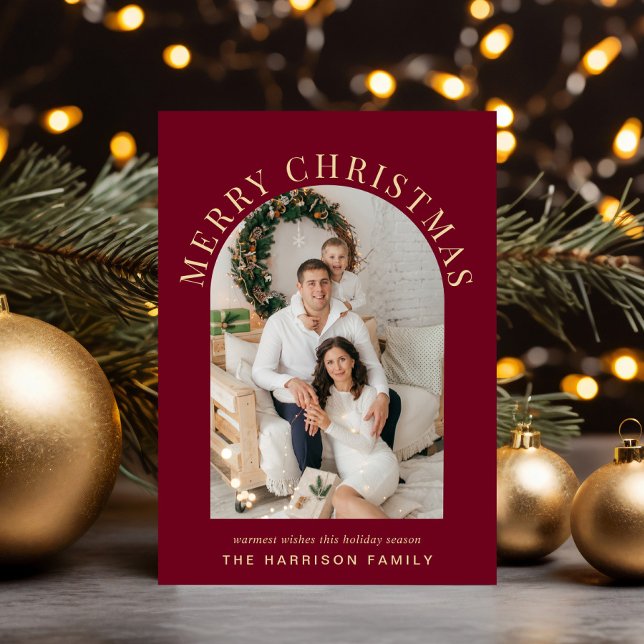 Elegant Arch Photo Merry Christmas Burgundy Holiday Card (Share the love and warmth of the season with an elegant arch photo Christmas card)