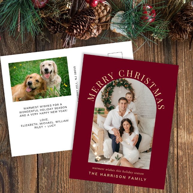 Elegant Arch Photo Merry Christmas Burgundy Holiday Postcard (Creator Uploaded)