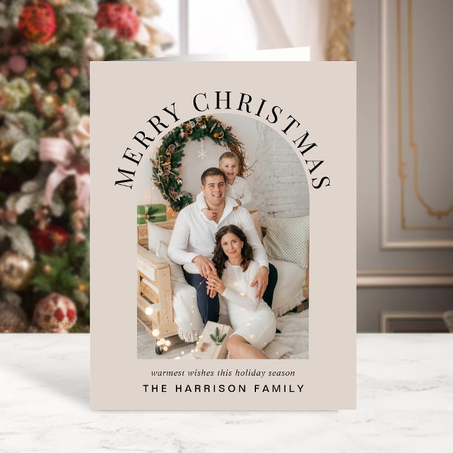 Elegant Arch Photo Merry Christmas Taupe Holiday Card (Share the love and warmth of the season with an elegant arch photo Christmas card)