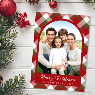Elegant Arch Photo Plaid Christmas Holiday Card