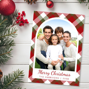 Elegant Arch Photo Plaid Christmas Holiday Card