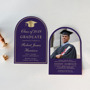 Elegant Arch Photo Purple Gold Graduation Party Invitation