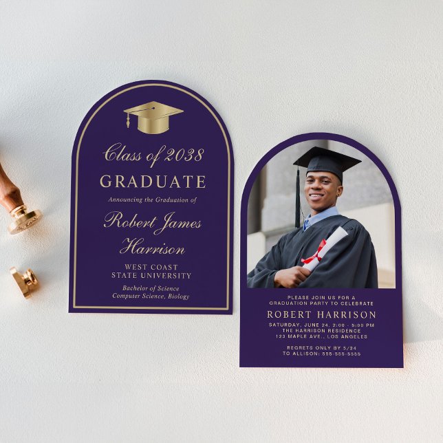 Elegant Arch Photo Purple Gold Graduation Party Invitation (An elegant arch-shaped college graduation party invitation to celebrate the graduate's achievements)