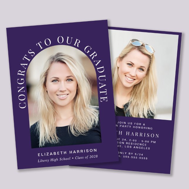 Elegant Arch Photo Purple Graduation Party Invitation (An elegant arch photo graduation party invitation to celebrate the graduate's achievements)