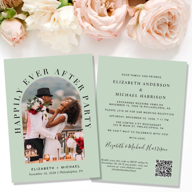 Elegant Arch Photo QR Code Sage Wedding Reception Invitation (Creator Uploaded)