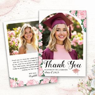 Elegant Arch Photo White & Pink Floral Graduation Thank You Card