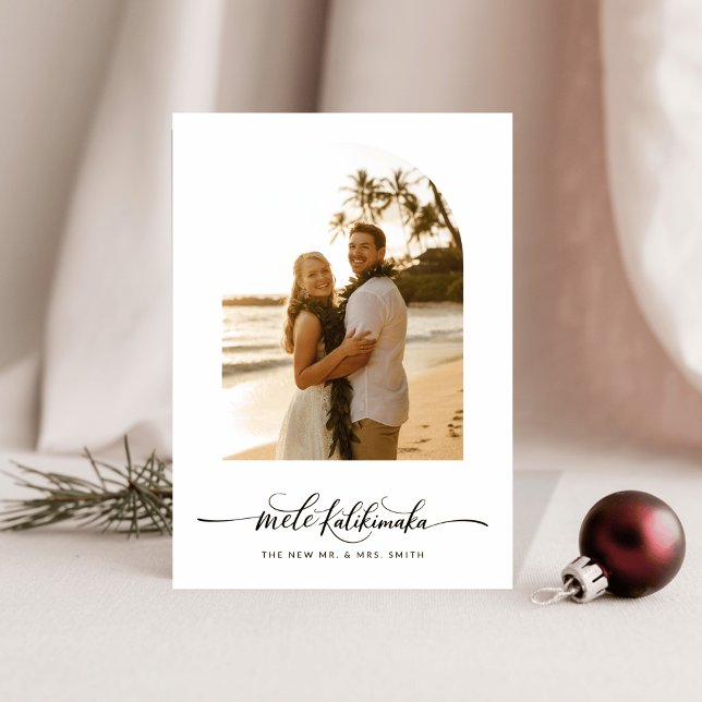 Elegant Arch Script Mele Kalikimaka Newlywed Photo Holiday Card (Creator Uploaded)