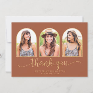 Elegant Arch Terracotta Gold 3 Photo Graduation Thank You Card