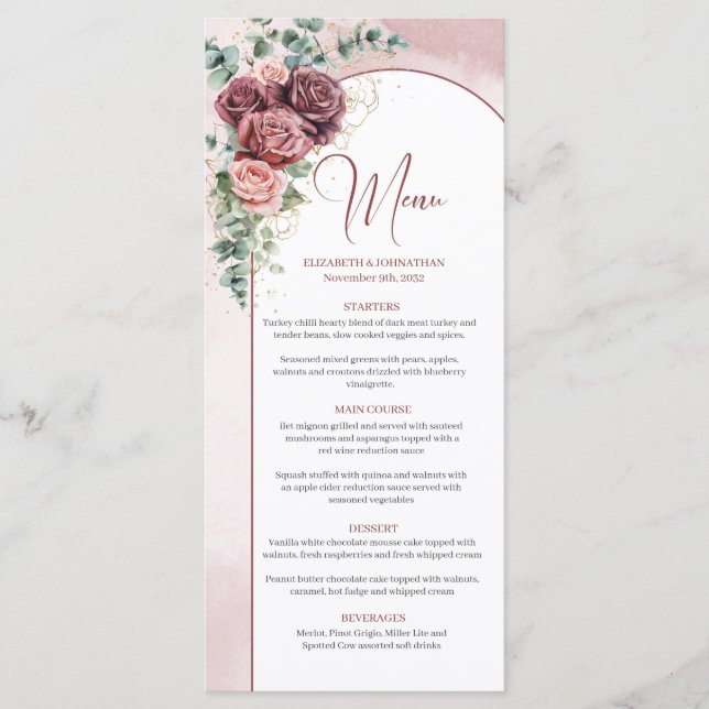 Elegant arch watercolor blush burgundy wedding menu (Front)