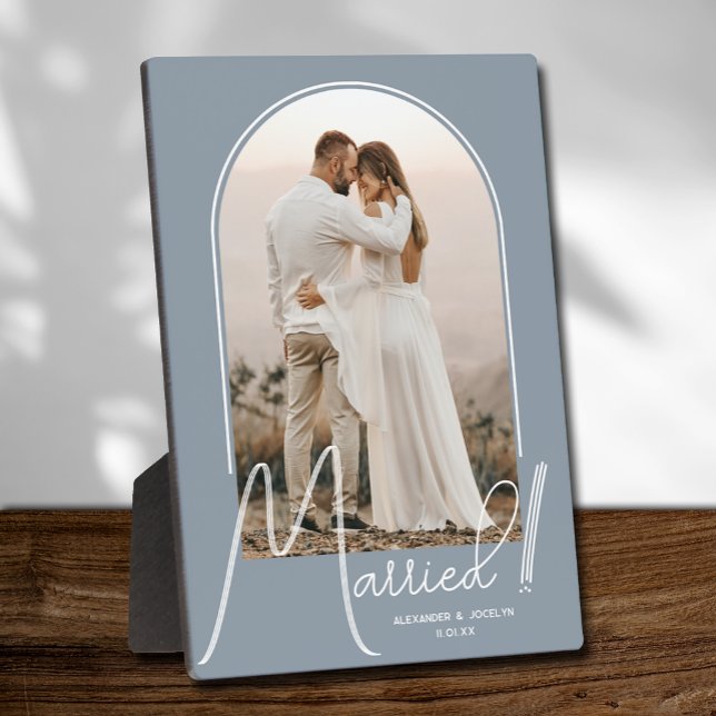 Elegant Arch Wedding Photo Dusty Blue Plaque (Creator Uploaded)