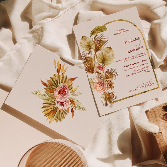 Elegant Arched Gold Bohemian Dried Flower Wedding Invitation (Creator Uploaded)