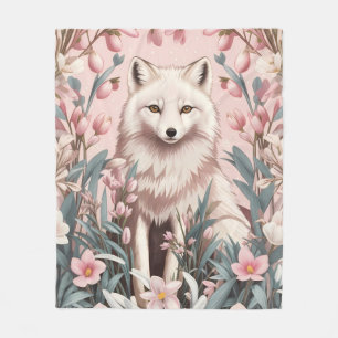 Elegant Arctic Fox Pink Floral Fleece Blanket
