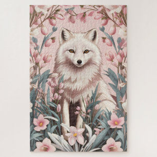 Elegant Arctic Fox Pink Floral Jigsaw Puzzle