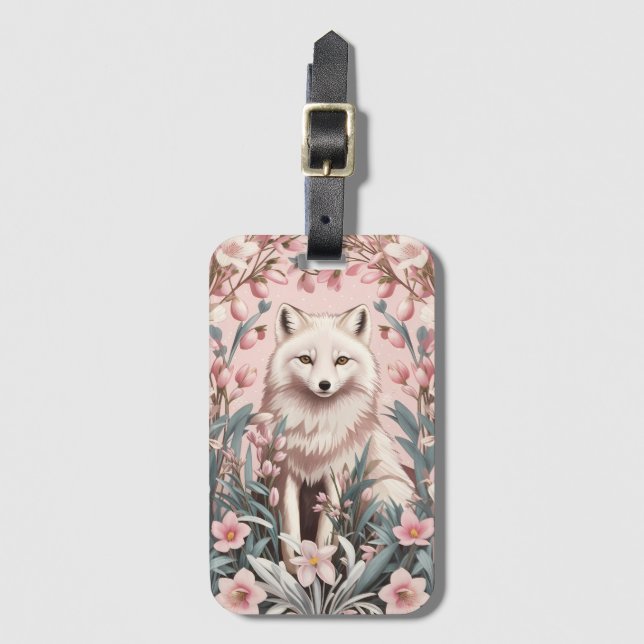 Elegant Arctic Fox Pink Floral Luggage Tag (Front Vertical)