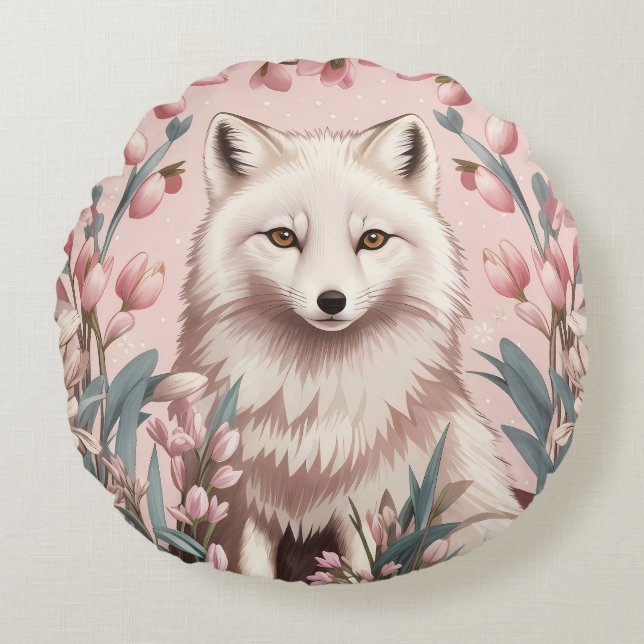 Elegant Arctic Fox Pink Floral Round Cushion (Front)