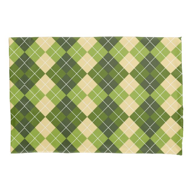Elegant Argyle Pattern in Green and Yellow Diamond Pillowcase (Front-Left)