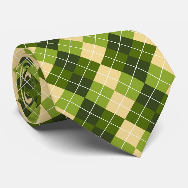 Elegant Argyle Pattern in Green and Yellow Diamond Tie (Rolled)