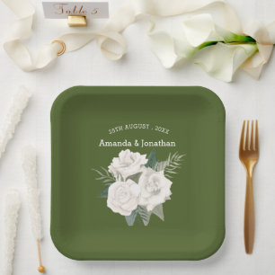 Elegant Army Green and White Roses Wedding Paper Plate